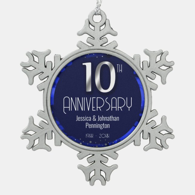 Happy 10th Wedding Anniversary  Snowflake Pewter Christmas Ornament (Front)