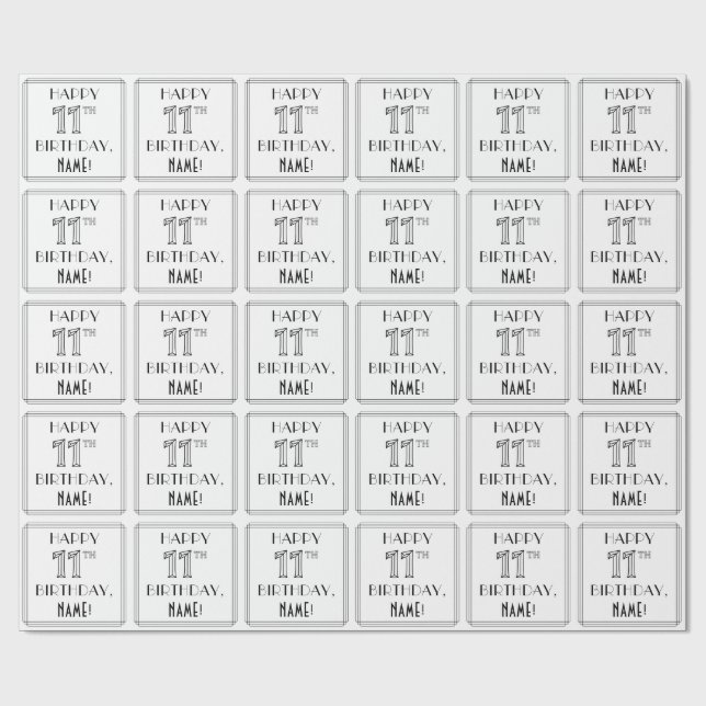 HAPPY 11TH BIRTHDAY; Art Deco Style; Custom Name Wrapping Paper (Flat)