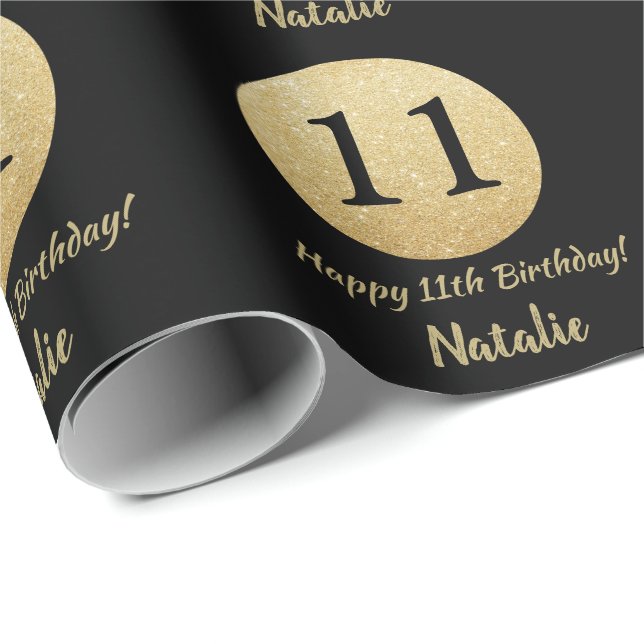 Happy 11th Birthday Black and Gold Glitter Wrapping Paper (Roll Corner)