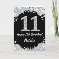Happy 11th Birthday Black and Silver Glitter Card