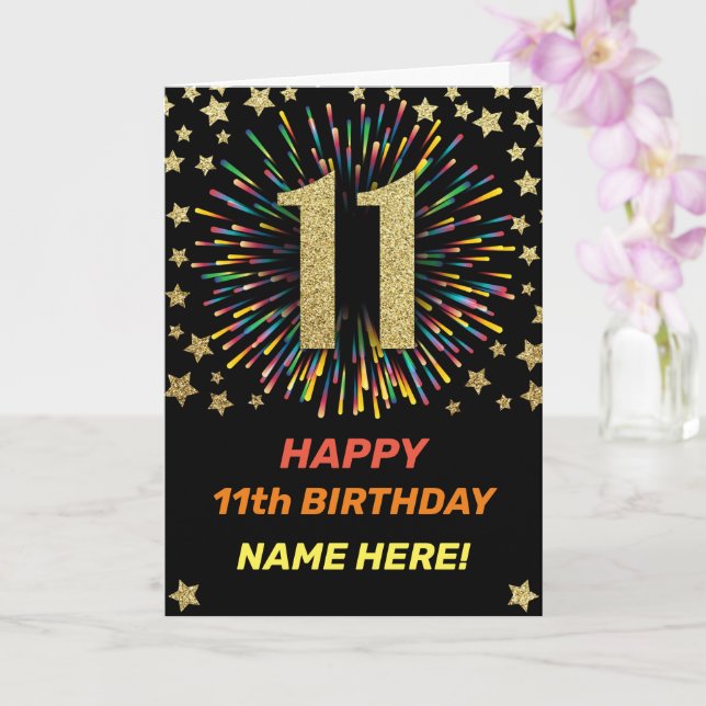 Happy 11th Birthday Black & Gold Rainbow Firework Card (Orchid)
