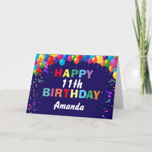 Happy 11th Birthday Colourful Balloons Navy Blue Card