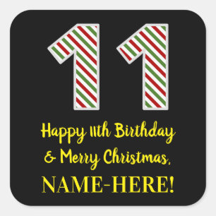 Happy 11th Birthday & Merry Christmas, Custom Name Square Sticker