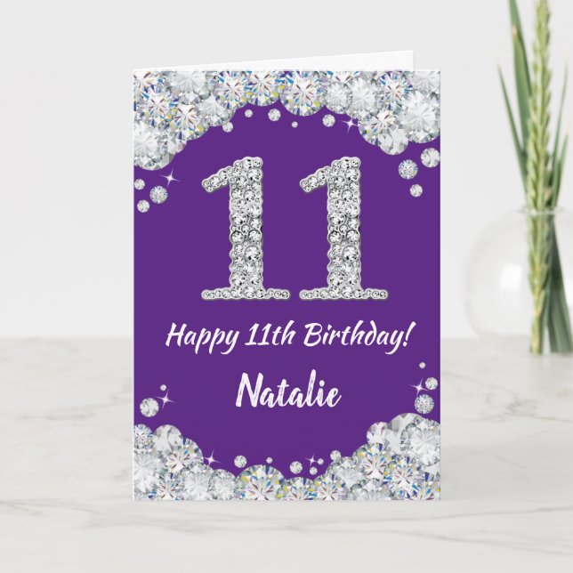 Happy 11th Birthday Purple and Silver Glitter Card (Front)