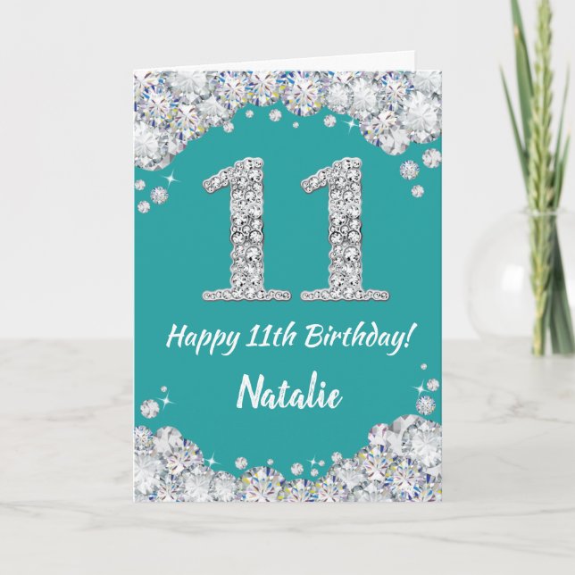 Happy 11th Birthday Teal and Silver Glitter Card (Front)