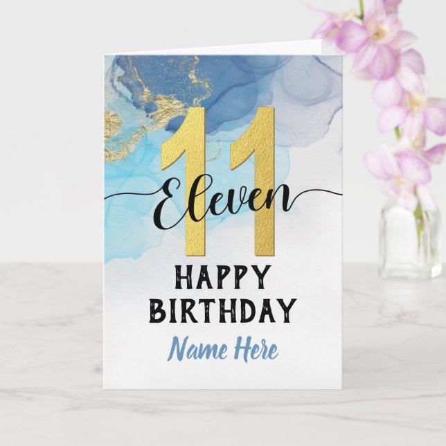 Happy 11th Birthday Watercolor Blue & gold Boy Card (Orchid)