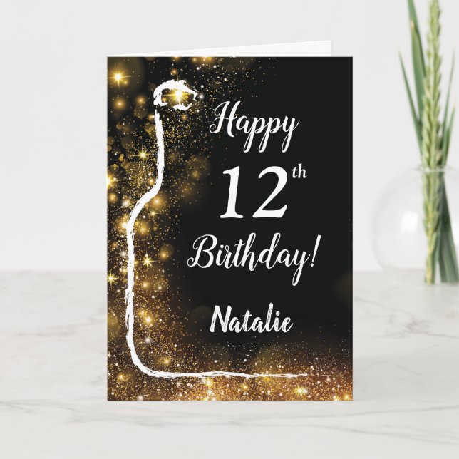 Happy 12th Birthday Black and Gold Glitter Wine Card (Front)