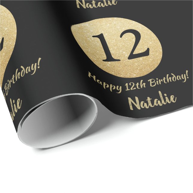 Happy 12th Birthday Black and Gold Glitter Wrapping Paper (Roll Corner)