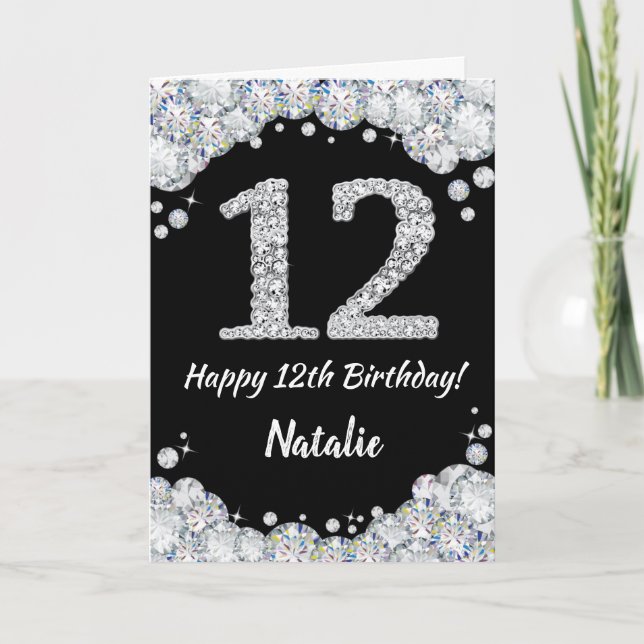 Happy 12th Birthday Black and Silver Glitter Card (Front)