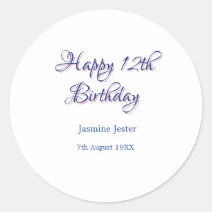 happy 12th birthday blue pink name date simple min classic round sticker