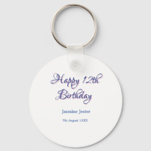 happy 12th birthday blue pink name date simple min key ring