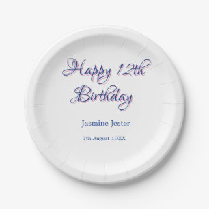 happy 12th birthday blue pink name date simple min paper plate