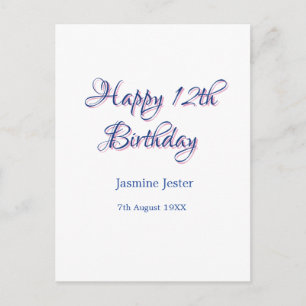 happy 12th birthday blue pink name date simple min postcard