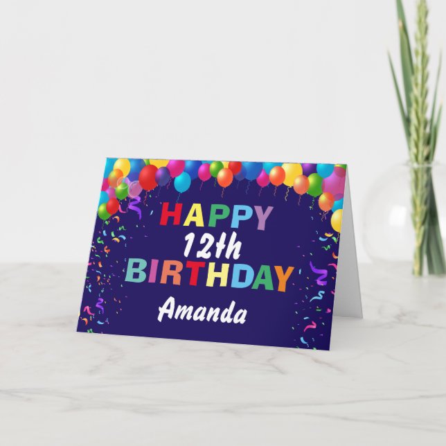 Happy 12th Birthday Colourful Balloons Navy Blue Card (Front)