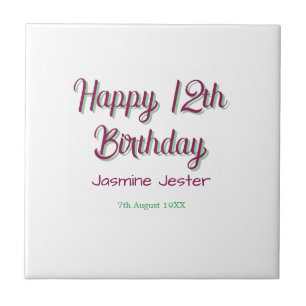 happy 12th birthday green pink name date simple tile