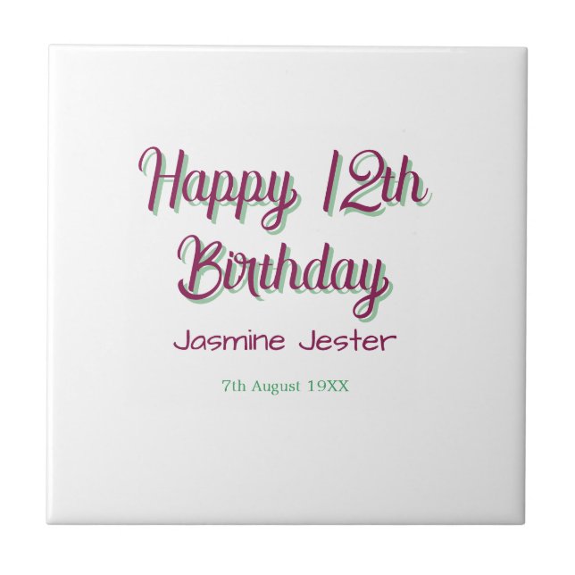 happy 12th birthday green pink name date simple tile (Front)