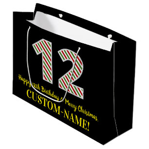 Happy 12th Birthday & Merry Christmas, Custom Name Large Gift Bag