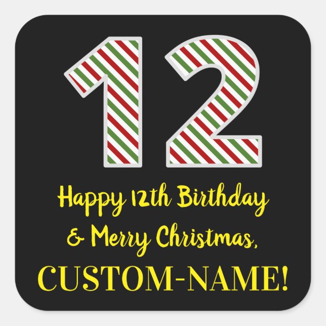Happy 12th Birthday & Merry Christmas, Custom Name Square Sticker (Front)