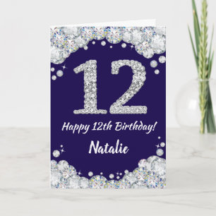 Happy 12th Birthday Navy Blue and Silver Glitter Card