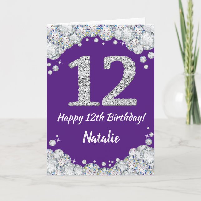 Happy 12th Birthday Purple and Silver Glitter Card (Front)