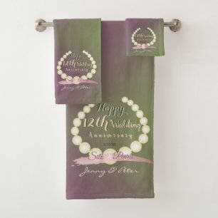 "Happy 12th Wedding Anniversary" Pearls and Moss Bath Towel Set
