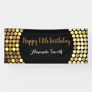 Happy 13th Birthday Banner Black and Gold Glitter
