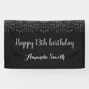 Happy 13th Birthday Banner. Black Silver Glitter Banner