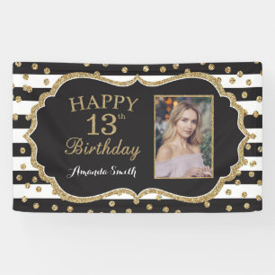 Happy 13th Birthday Banner. Gold Glitter Photo Banner