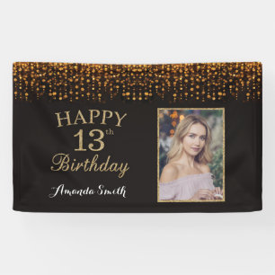 Happy 13th Birthday Banner. Gold Glitter Photo Banner