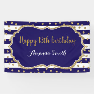 Happy 13th Birthday Banner Navy Blue Gold Glitter