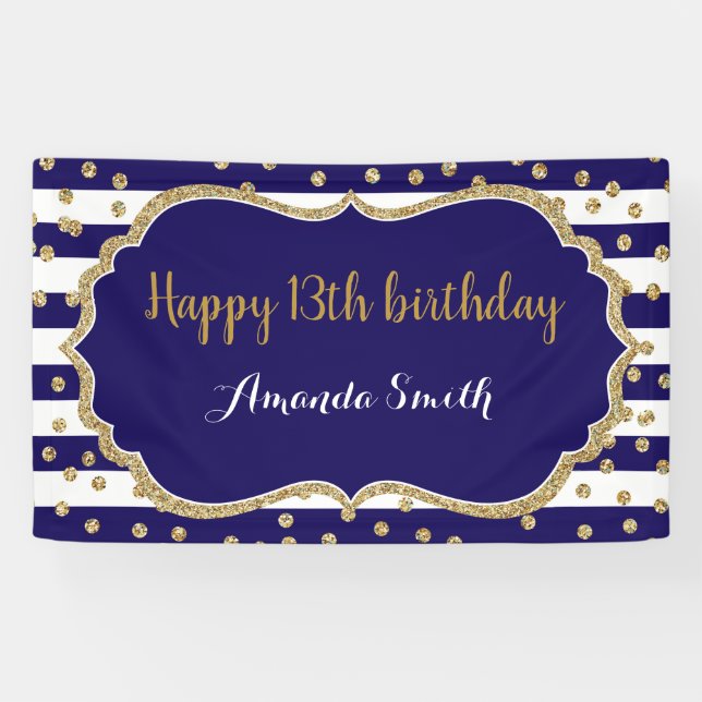 Happy 13th Birthday Banner Navy Blue Gold Glitter (Horizontal)
