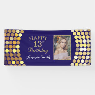 Happy 13th Birthday Banner. Navy Blue Gold Photo Banner