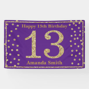 Happy 13th Birthday Banner Purple and Gold Glitter