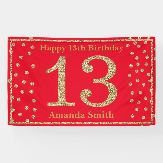 Happy 13th Birthday Banner Red and Gold Glitter (Horizontal)
