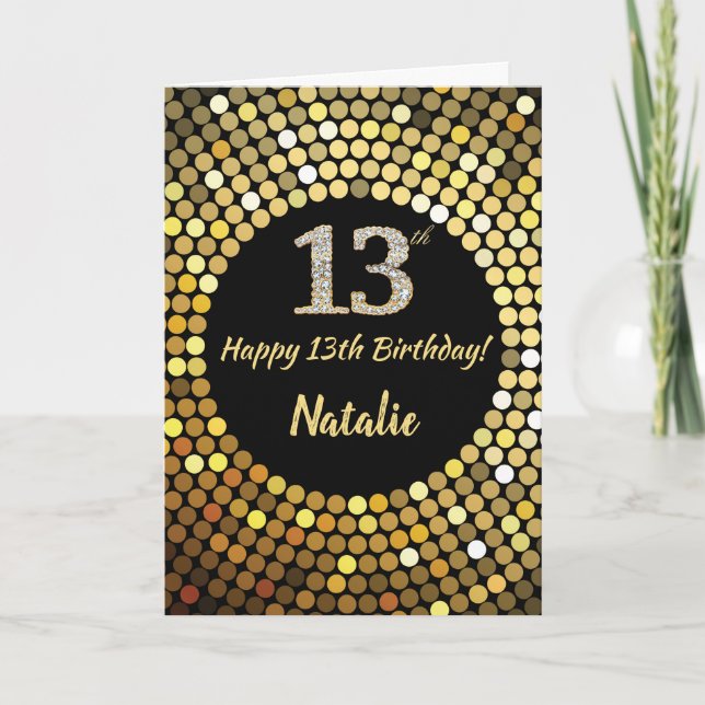 Happy 13th Birthday Black and Gold Glitter Card (Front)