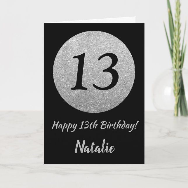 Happy 13th Birthday Black and Silver Glitter Card (Front)