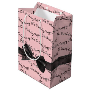 Happy 13th Birthday Black Bow On Pink Medium Gift Bag