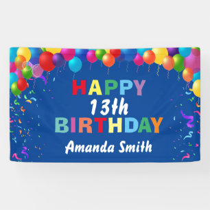 Happy 13th Birthday Colorful Balloons Blue Banner