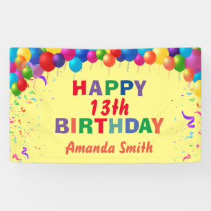 Happy 13th Birthday Colourful Balloons Yellow Banner