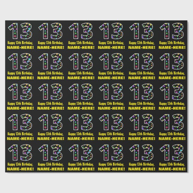 Happy 13th Birthday, Fun Colourful Stars Pattern 1 Wrapping Paper (Flat)