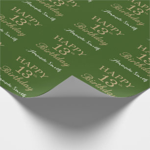 Happy 13th Birthday Gold Glitter and Green Wrapping Paper