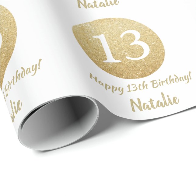 Happy 13th Birthday Gold Glitter and White Wrapping Paper (Roll Corner)