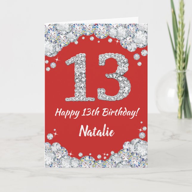 Happy 13th Birthday Red and Silver Glitter Card (Front)