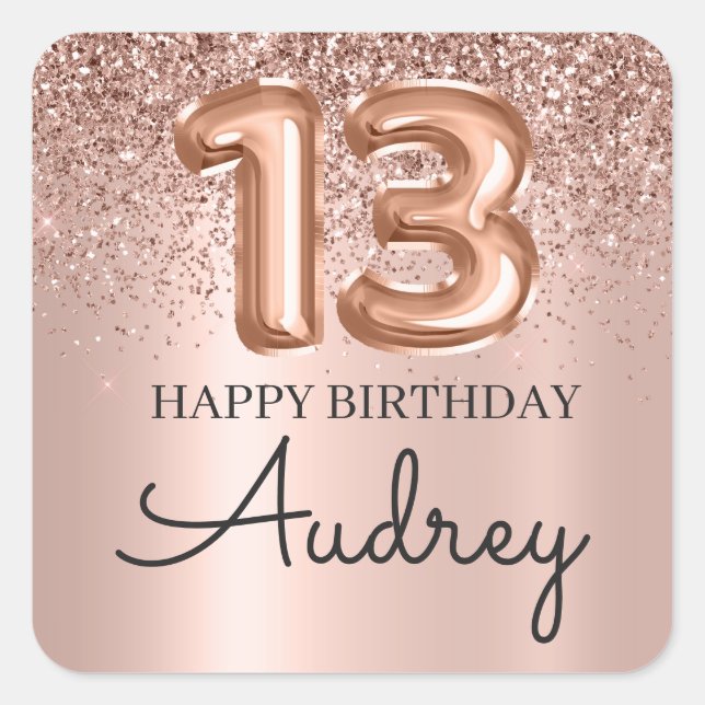  Happy 13th Birthday Rose Gold Glitter Monogram  Square Sticker (Front)