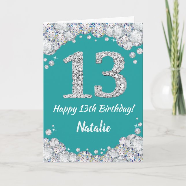 Happy 13th Birthday Teal and Silver Glitter Card (Front)