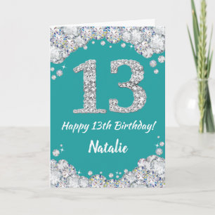 Happy 13th Birthday Teal and Silver Glitter Card