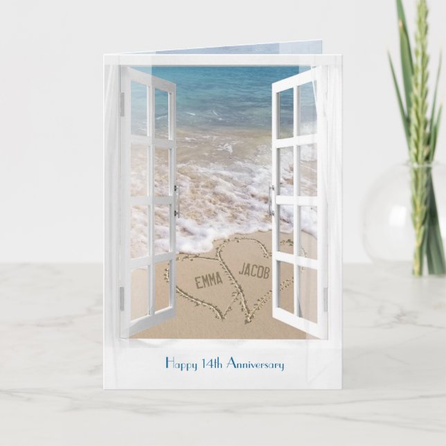 Happy 14th Anniversary open beach window Card (Front)
