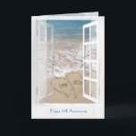 Happy 14th Anniversary open beach window Card<br><div class="desc">14th wedding anniversary with names of couple in beach hearts and sand with frothy ocean surf and open window view.
Names of couple can be edited.</div>