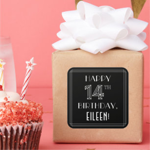 HAPPY 14TH BIRTHDAY; Art Deco Style; Custom Name Square Sticker