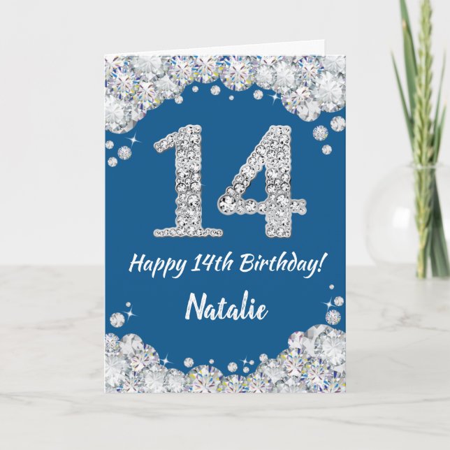 Happy 14th Birthday Blue and Silver Glitter Card (Front)